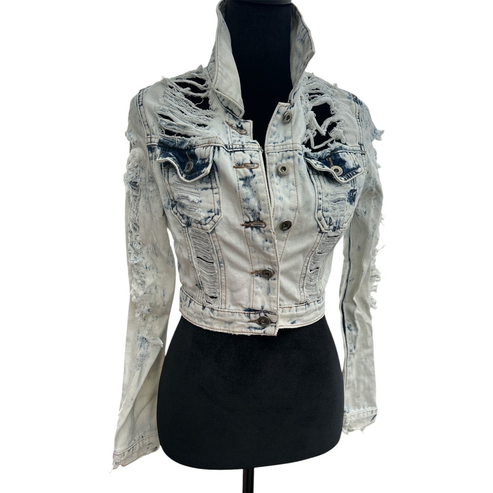Chiqle Denim Architect Distressed Acid Wash‎ Cropped Jean Jacket CY6498LA Small